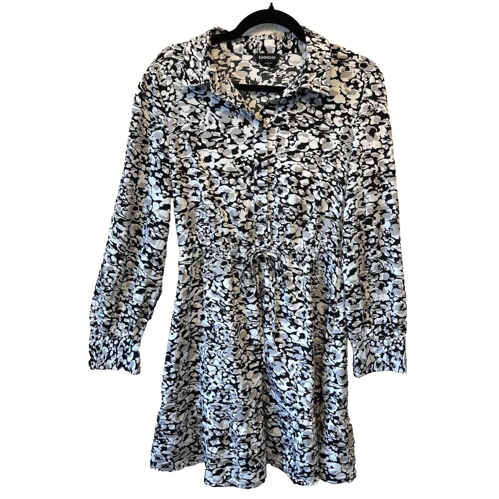 bebe Shift Dress Womens XL Black‎ White Geo Print Silk Long Sleeve Travel